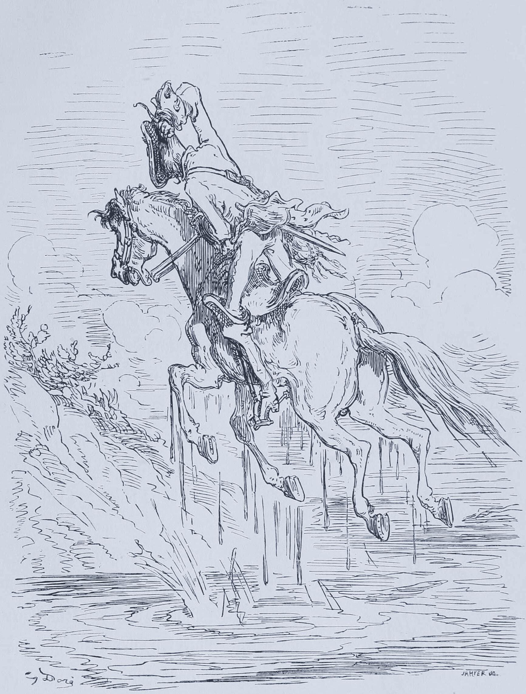 Gustave Doré engraving of Munchausen pulling on his own braid — a self-referential repeating act